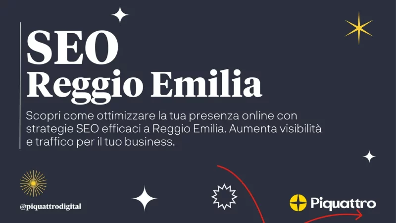 Sfondo scuro con stelle e disegni astratti. Il testo recita "SEO Reggio Emilia. Scopri come ottimizzare la tua presenza online con strategie SEO efficaci a Reggio Emilia. Aumenta visibilità e traffico per il tuo business.