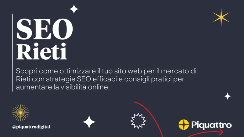 Grafica promozionale blu scuro per servizi SEO a Rieti, Italia. Il testo offre strategie SEO efficaci e consigli pratici per aumentare la visibilità online. Loghi ed elementi decorativi inclusi.