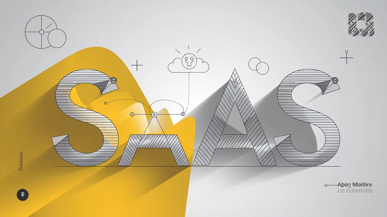 Illustrazione del termine "SAAS" (Software as a Service) con forme geometriche, linee e una lampadina che rappresentano idee su uno sfondo grigio e giallo.