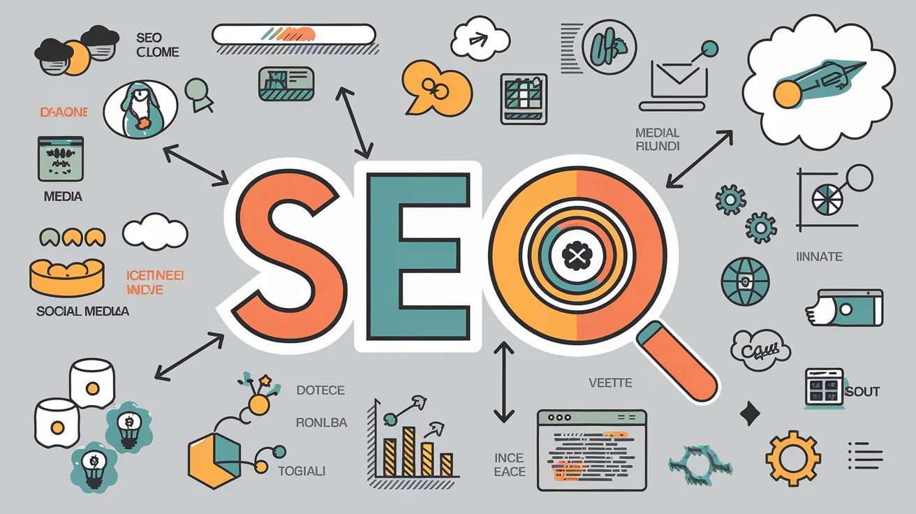 Infografica SEO illustrata con icone che rappresentano vari aspetti come social media, contenuti, parole chiave, analisi, backlink e strumenti, interconnessi da frecce che puntano alle lettere SEO centrali.