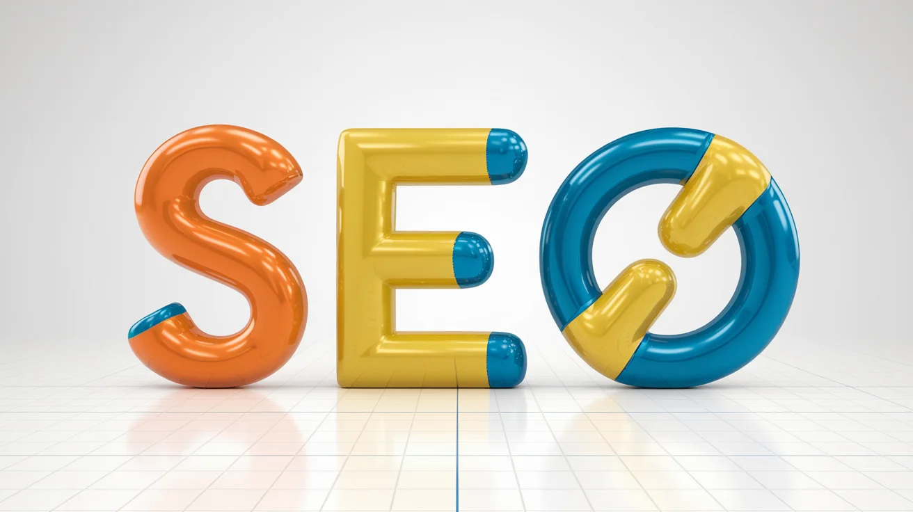 Lettere renderizzate in 3D che compongono la scritta "SEO" in arancione, giallo e blu, posizionate su una superficie bianca a forma di griglia su uno sfondo semplice.