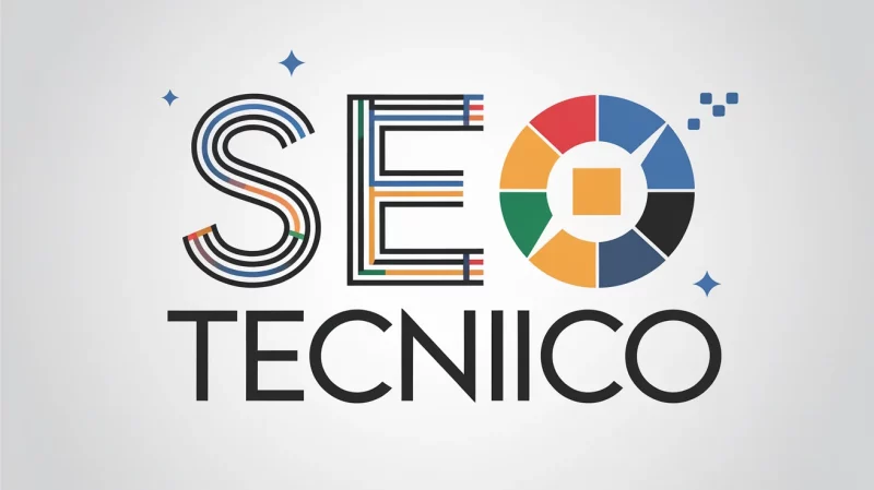 Logo di "SEO TECNIICO" con lettering artistico per "SEO", tra cui motivi geometrici e un design circolare colorato.