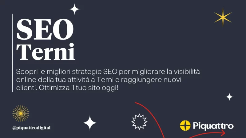 Immagine promozionale per servizi SEO a Terni, che evidenzia le strategie per migliorare la visibilità online e attrarre nuovi clienti. Include il branding aziendale e l'handle sui social media @piquattrodigital.