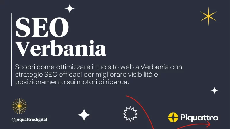 SEO Verbania - Scopri come ottimizzare il tuo sito web a Verbania con strategie SEO efficaci per migliorare visibilità e posizionamento sui motori di ricerca. Logo di Piquattro in basso a destra.