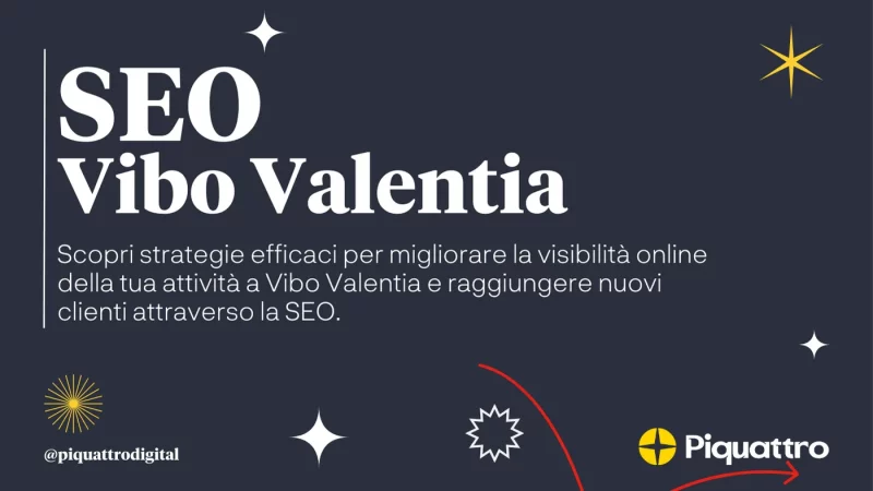 Immagine promozionale per servizi SEO a Vibo Valentia, con testo che discute strategie per migliorare la visibilità online e attrarre clienti. Loghi ed elementi decorativi sono presenti su uno sfondo scuro.