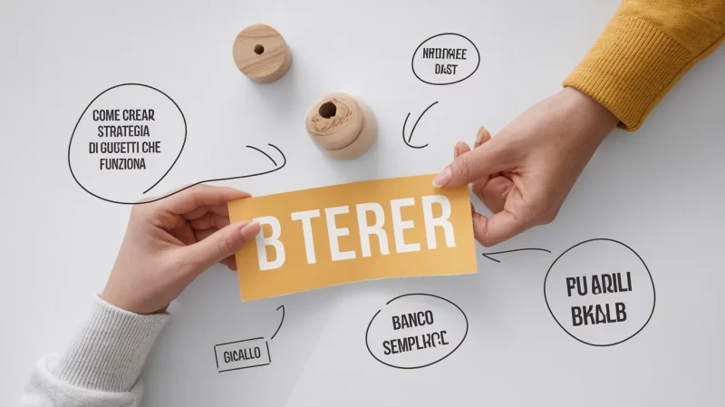 Due mani tengono un cartellino giallo con la scritta "B TERER". Attorno al cartellino ci sono testi con varie frasi tra cui "COME CREAR STRATEGIA DI GUETTI CHE FUNZIONA" e "PU ARILI BKALB.