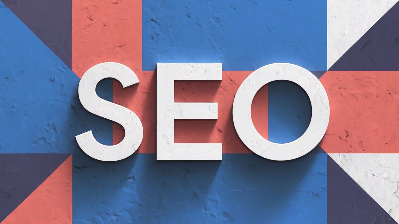 Le lettere "SEO" appaiono in grassetto bianco su uno sfondo geometrico rosso, blu e bianco.