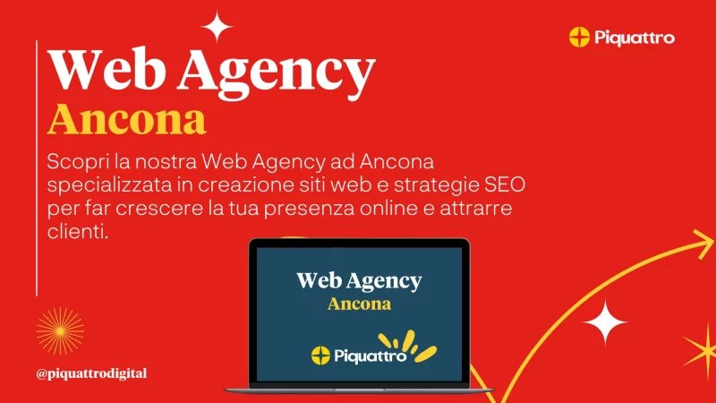 Immagine di una pubblicità per "Web Agency Ancona" di Piquattro. Include uno sfondo rosso, testo sulla creazione di siti web e un'illustrazione di un laptop che mostra il nome e il logo dell'agenzia.