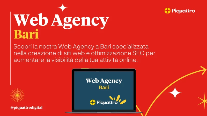 Pubblicità per una Web Agency di Bari che offre servizi di sviluppo web e SEO per aumentare la visibilità online, con l'immagine di un computer portatile e il logo aziendale.