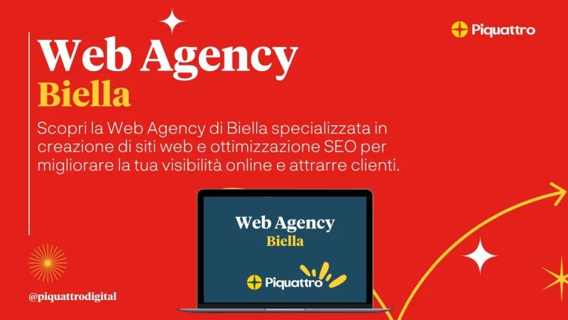 Pubblicità rossa per "Web Agency Biella" che evidenzia servizi quali creazione siti web e ottimizzazione SEO per migliorare la visibilità online e attrarre clienti, con l'illustrazione di un computer portatile e il logo aziendale.