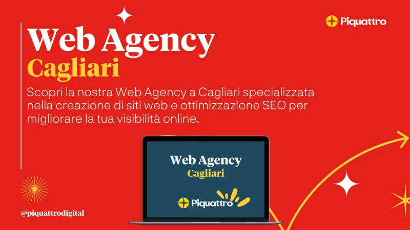 Testo italiano che promuove un'agenzia web di Cagliari, specializzata nella creazione di siti web e nell'ottimizzazione SEO per la visibilità online. L'immagine mostra uno schermo di laptop che mostra il nome dell'agenzia.