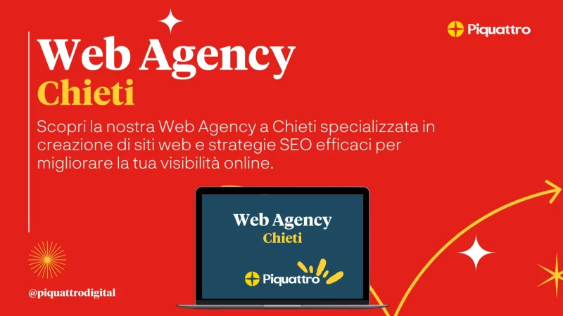 Immagine promozionale rossa per Piquattro, un'agenzia web di Chieti specializzata in web design e strategie SEO efficaci per migliorare la visibilità online.