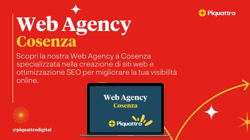 Pubblicità per un'agenzia web di Cosenza che offre servizi di creazione siti web e ottimizzazione SEO. Un laptop mostra il nome dell'agenzia sullo schermo. Lo sfondo è rosso con testo informativo.