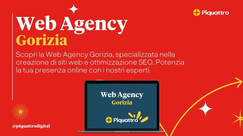 Pubblicità per Web Agency Gorizia, che offre servizi di creazione siti web e ottimizzazione SEO. Presenta un laptop e il logo aziendale su uno sfondo rosso.