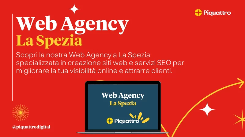 Immagine che mostra un annuncio pubblicitario per "Web Agency La Spezia" di Piquattro. È specializzata nella creazione di siti web e servizi SEO volti ad aumentare la visibilità online e ad attrarre clienti.