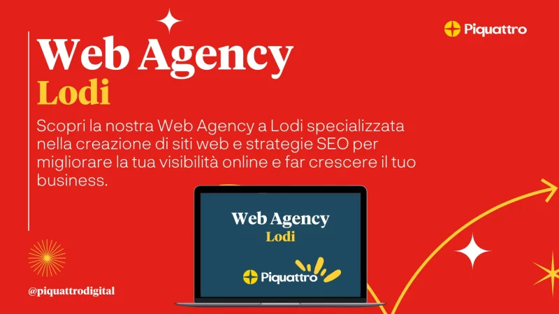 Pubblicità rossa per una Web Agency di Lodi, specializzata nella creazione di siti web e strategie SEO per migliorare la visibilità online e la crescita aziendale. Un laptop mostra il logo e il nome dell'agenzia.