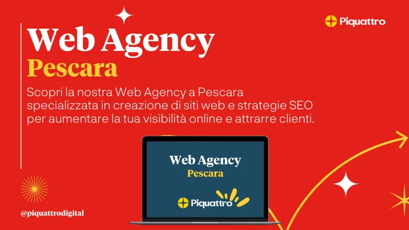 Grafica promozionale per "Web Agency Pescara" di Piquattro, che evidenzia i servizi di creazione di siti web e strategie SEO per migliorare la visibilità online e attrarre clienti. Testo visualizzato sullo schermo di un laptop.