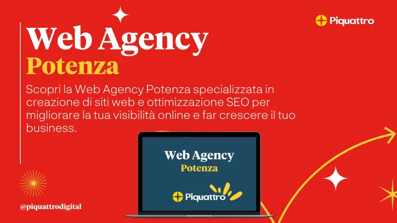 Un computer portatile con la scritta "Web Agency Potenza" sullo schermo è posizionato su uno sfondo rosso e presenta lo stesso testo in italiano che spiega le competenze dell'agenzia nella progettazione web e nell'ottimizzazione SEO.