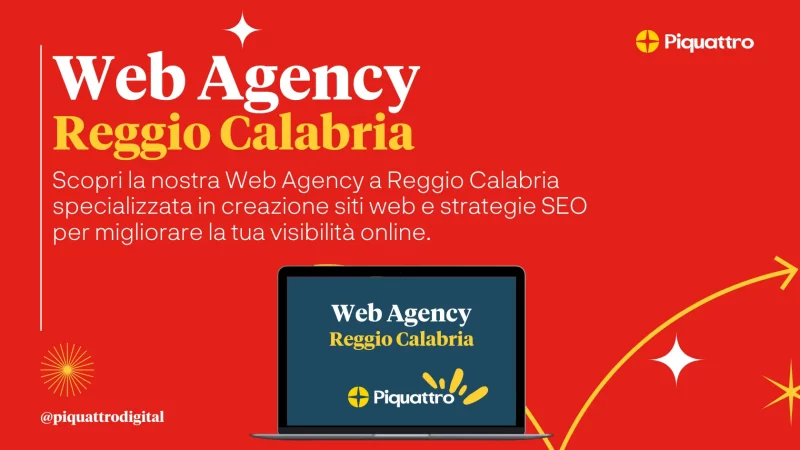 Pubblicità digitale per la Web Agency Piquattro di Reggio Calabria, raffigurante un computer portatile e la descrizione di servizi come la creazione di siti web e strategie SEO su sfondo rosso.