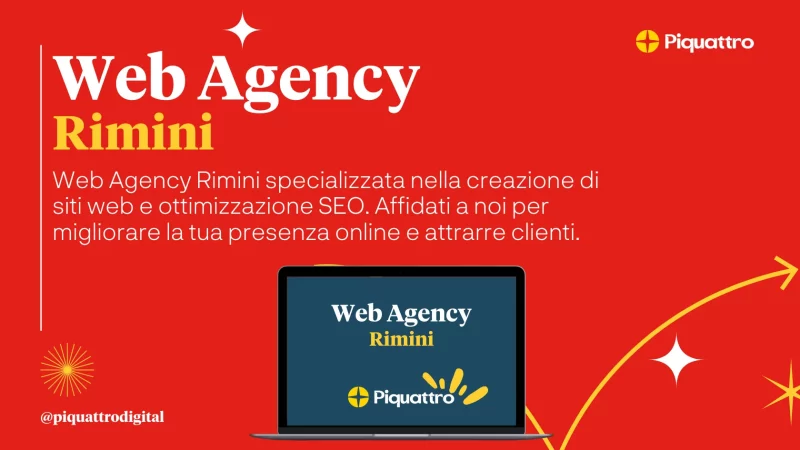 Pubblicità per "Web Agency Rimini" con un computer portatile su cui è esposto il nome dell'azienda, evidenziando i servizi di creazione siti web e ottimizzazione SEO su sfondo rosso.