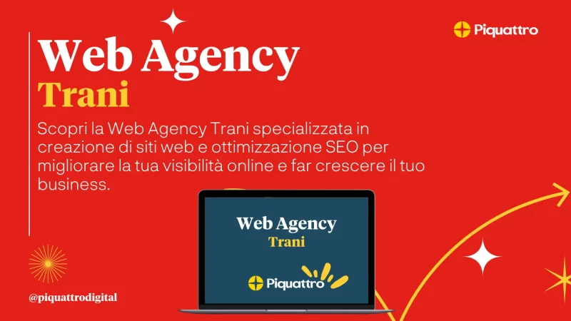 Pubblicità rossa per "Web Agency Trani" raffigurante un computer portatile e un testo che illustra la specializzazione dell'agenzia nella creazione di siti web e nell'ottimizzazione SEO per la crescita aziendale.