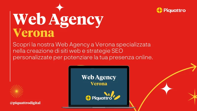 Grafica rossa che promuove un'agenzia web di Verona specializzata nella creazione di siti web e strategie SEO, con il logo e le informazioni di contatto dell'agenzia. Al centro è raffigurato un laptop con il nome dell'agenzia.